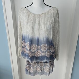 Made In Italy Silk Layered Blue and Cream Floral Kimono Women's Top Tunic L